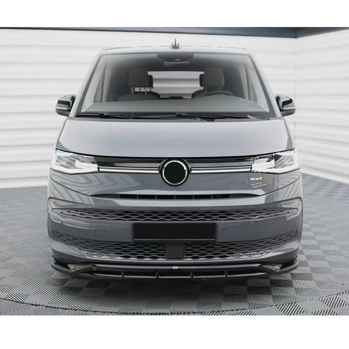 VW Multivan T7 2021 front splitter installed — gloss black ABS