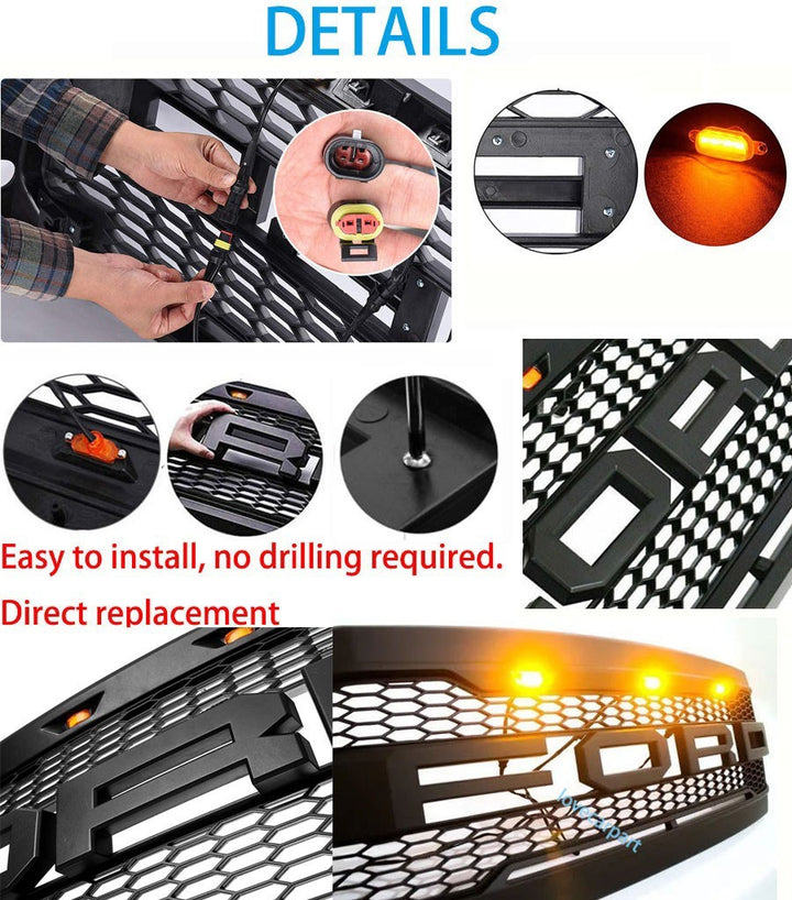 2005-2007 Ford F-250 F-350 Super Duty Raptor Style Front Grille With Amber LED Lights - view 10